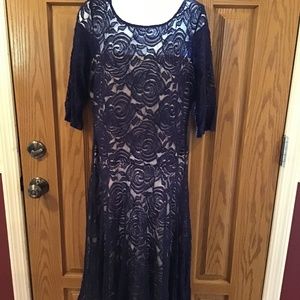 Sangria 10 petite nude with blue lace flower overlay dress 3/4 sleeves
